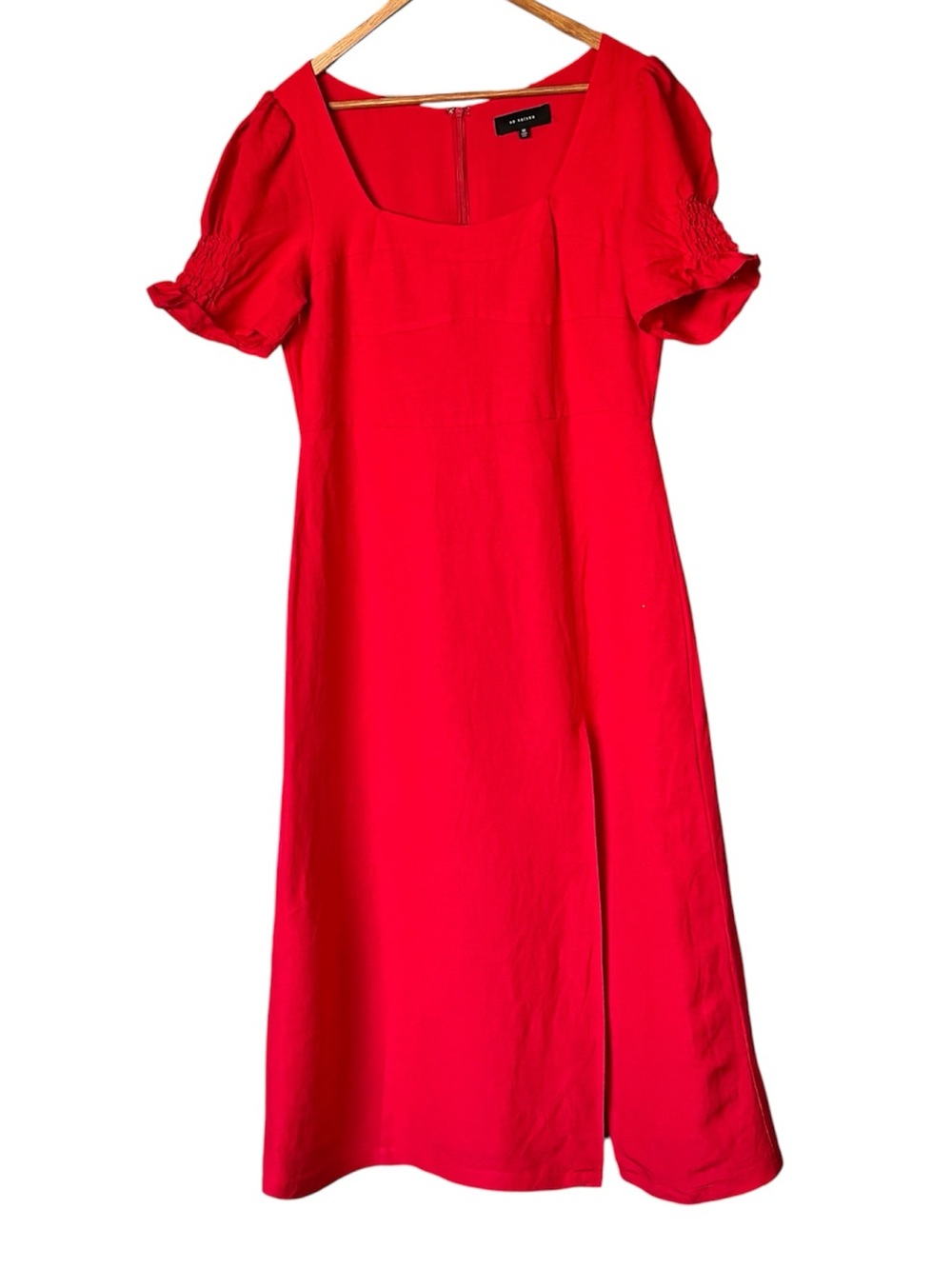 En Saison Red Linen Blend Puff Smocked Sleeve Midi Dress - Square Neck, Slit
